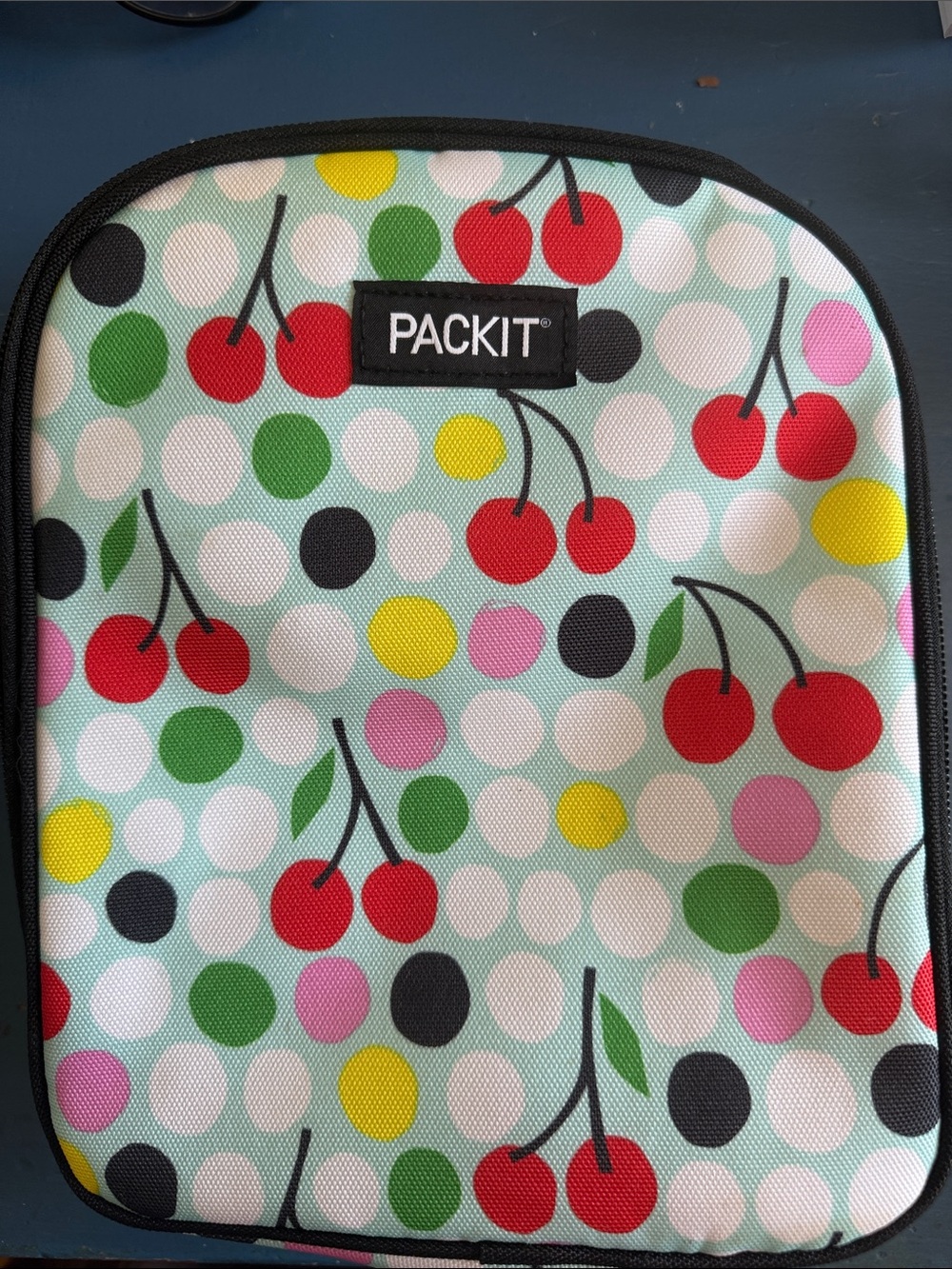 PackIt Cherry Dot Insulated Backpack Bag - Aqua Polkadot with Red Cherries